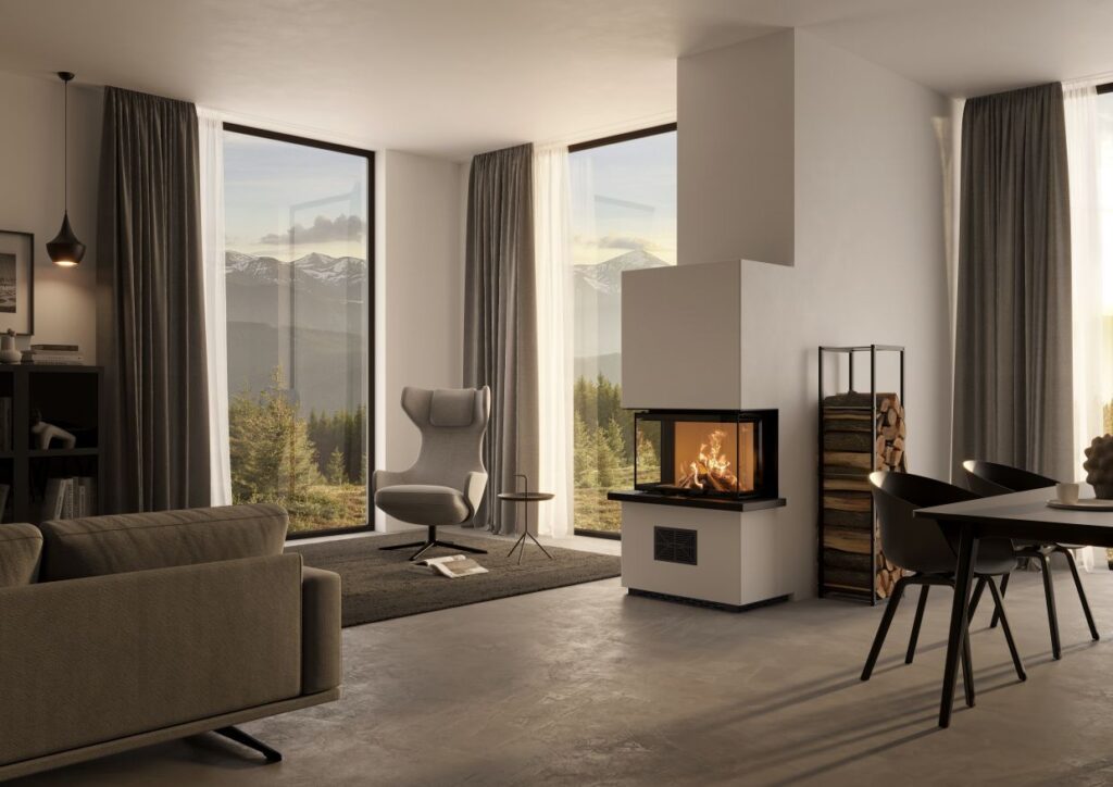 Kaminofen Osorno von Olsberg, eingebaut in modernem Wohnraum, gestrichen in creme